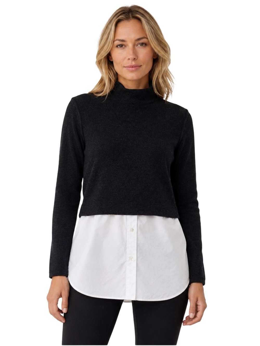 Theory Black Rib Knit Cotton Blend LS Combo Tunic Pullover Cropped Sweater